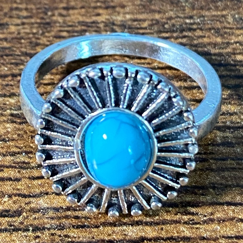 Boho Sunflower Turquoise & Stainless Steel Women’s Ring Size 7